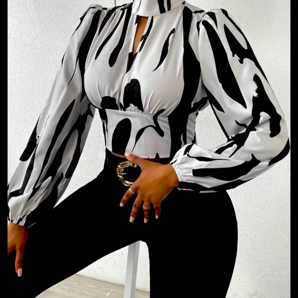 Print lantern sleeve crop blouse